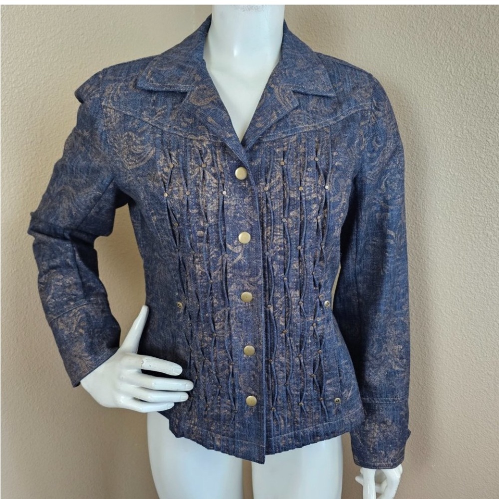 Coldwater Creek Blue Textured Metallic Studded Jean Jacket Sz 10